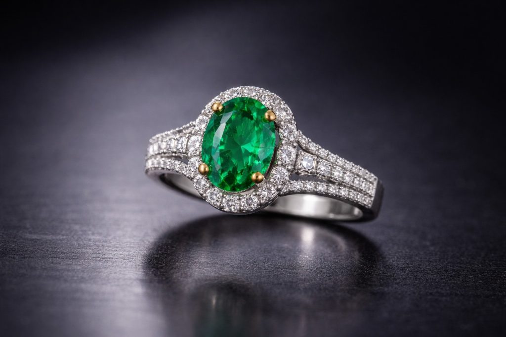 anel de esmeralda e diamantes
