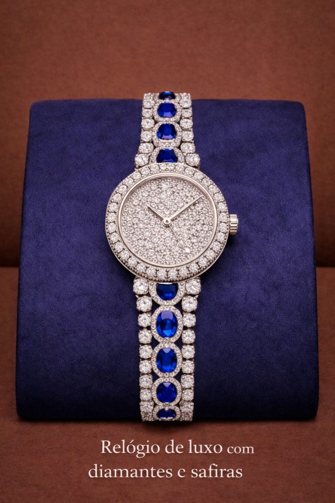 relógio de luxo com diamantes e safiras